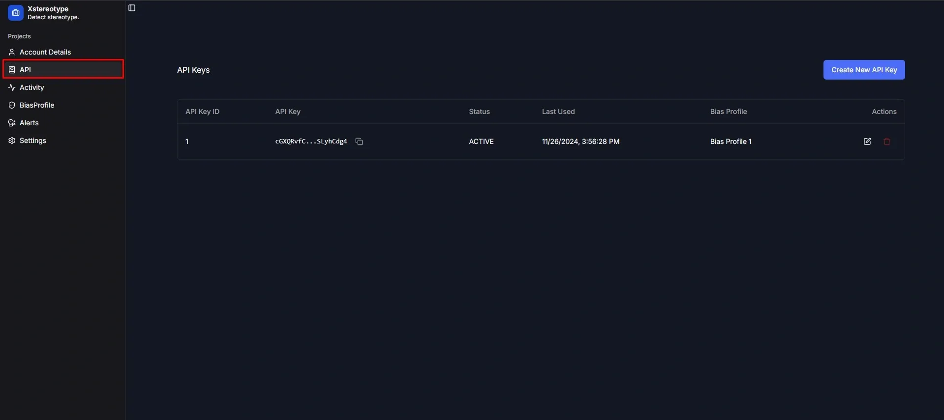 API Keys Table View