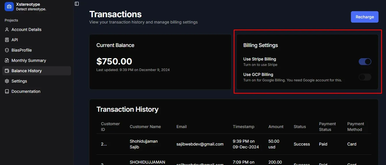 Billing Settings Options