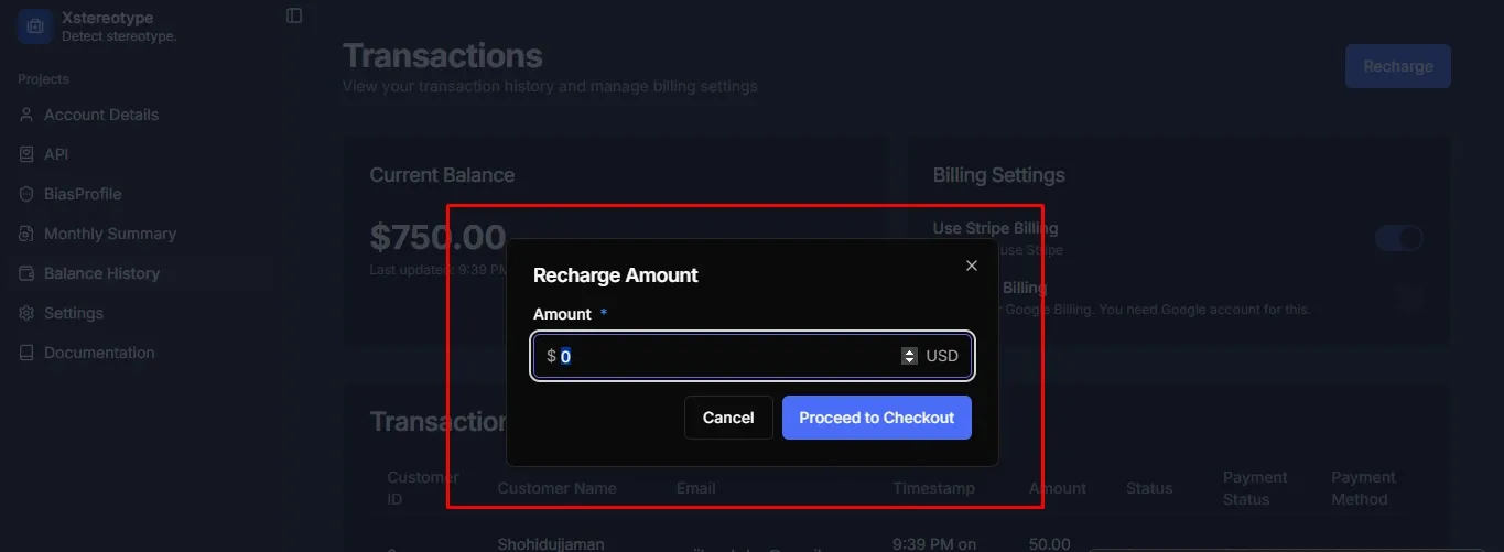 Recharge Amount Modal